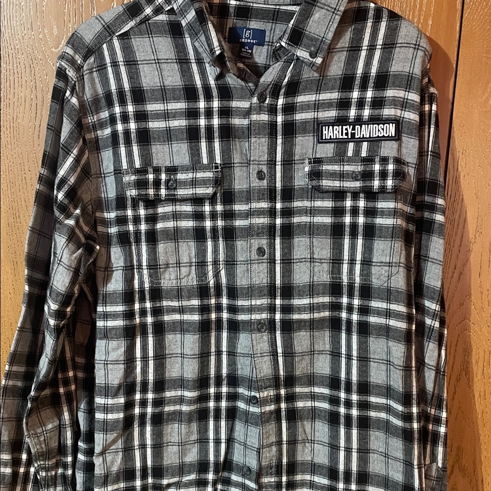 George Men's Gray and Black Plaid Shirt - With Harley Davidson Patches front and